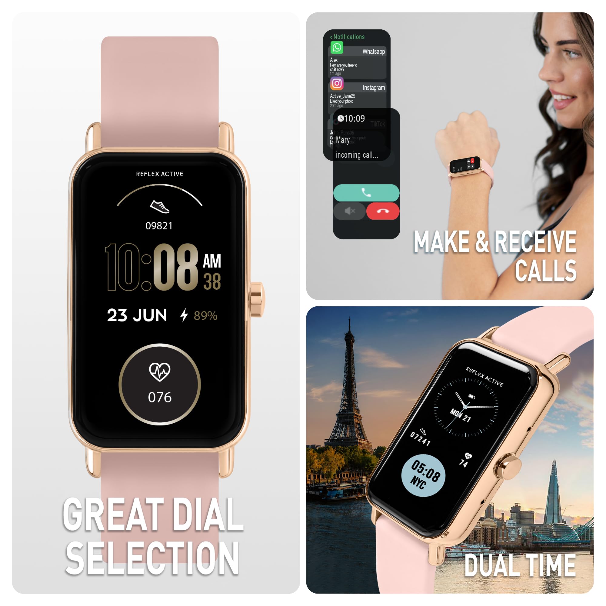 Reflex Active Różowy Nexus damski smartwatch 4,6 cm, funkcje wellness, połączenie GPS, sterowanie muzyką, tryby sportowe, monitorowanie tętna, kontrola tlenu we krwi, sterowanie muzyką, kompatybilny z