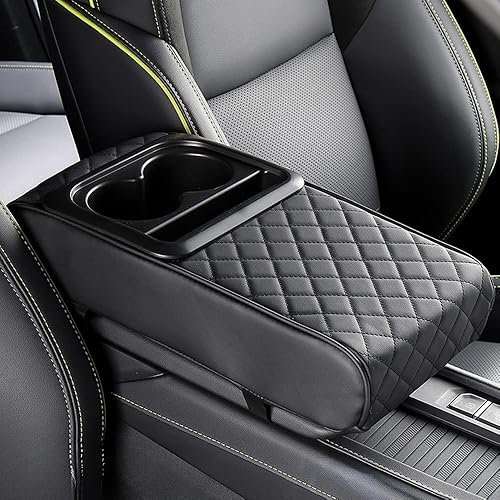 Center Console Cover for Car, Microfiber Leather Car Arm Rest Cover with 2 Cup Holders, Universal Car Accessories Interior, Black