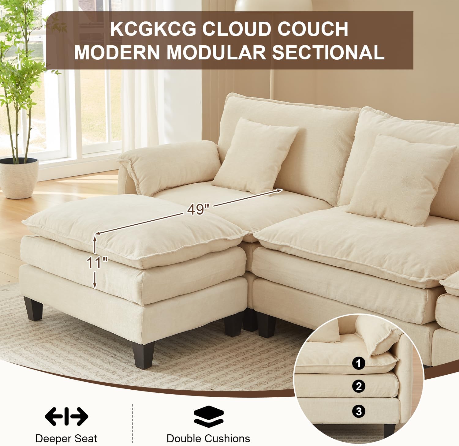 Modular Sectional Sofa, 108” Comfy Cloud Couch with Movable Ottoman | Charging Station | Side Pocket | Throw Pillow, Modern L-Shaped Couches for Living Room, Chenille, Beige