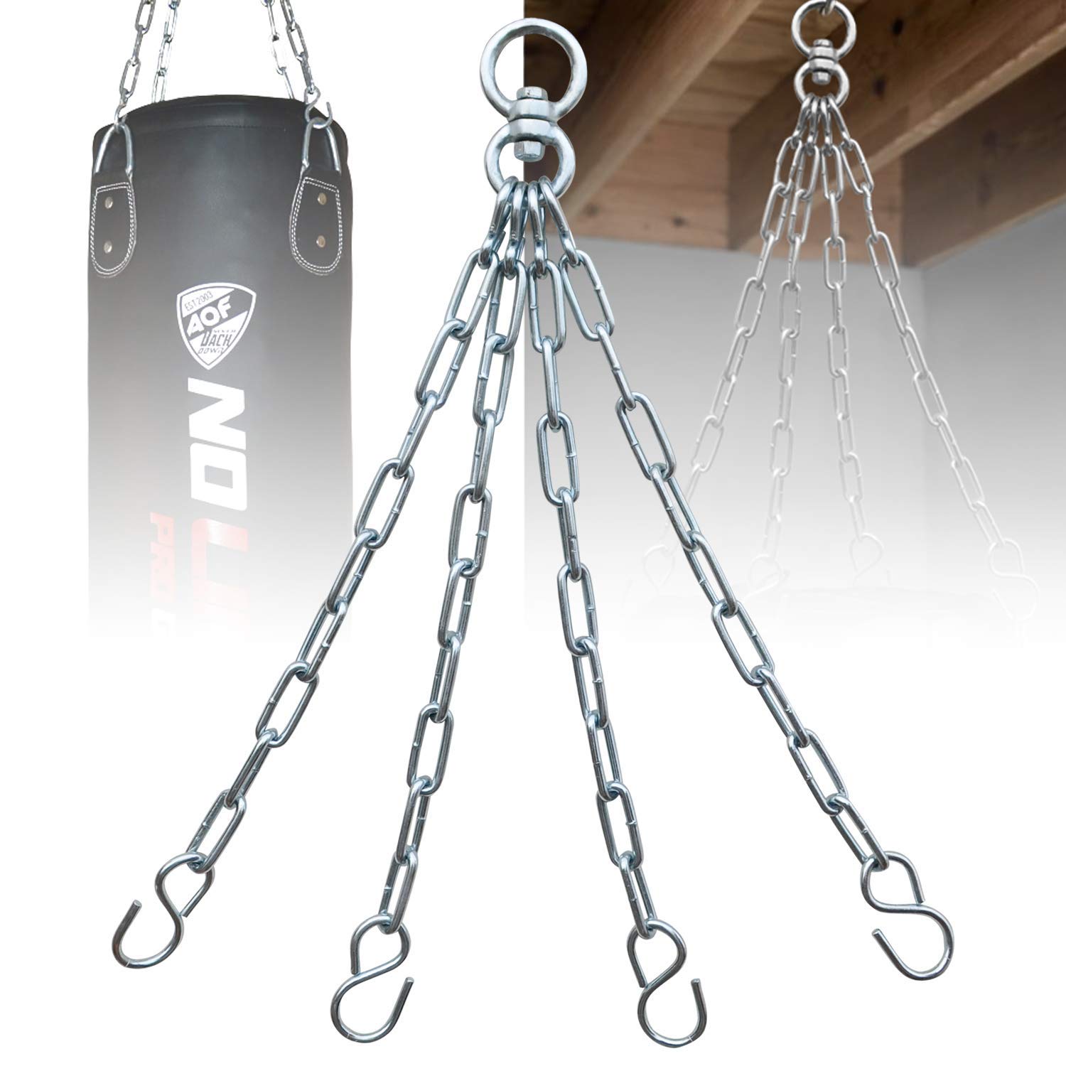 AQF Sacco da Boxe con Catene - 3, 4 & 6 Trefoli in Acciaio Inox - Appeso & Girevole per Allenamento Boxe e MMA