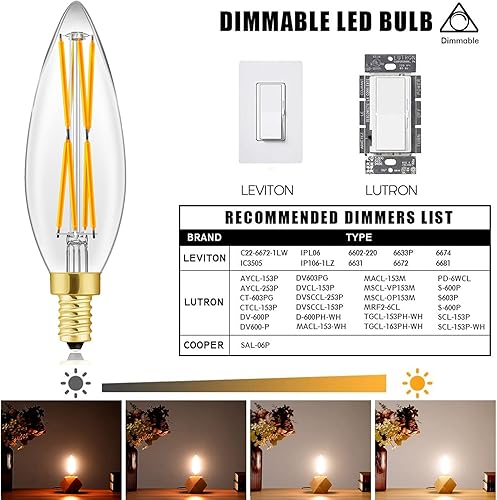 Miniatura 4 de Bombilla LED E12 Edison de 8 W, equivalente a 100 W, bombillas de candelabro regulables, 3000 K, blanco suave, transparente, 800 lúmenes, filamento