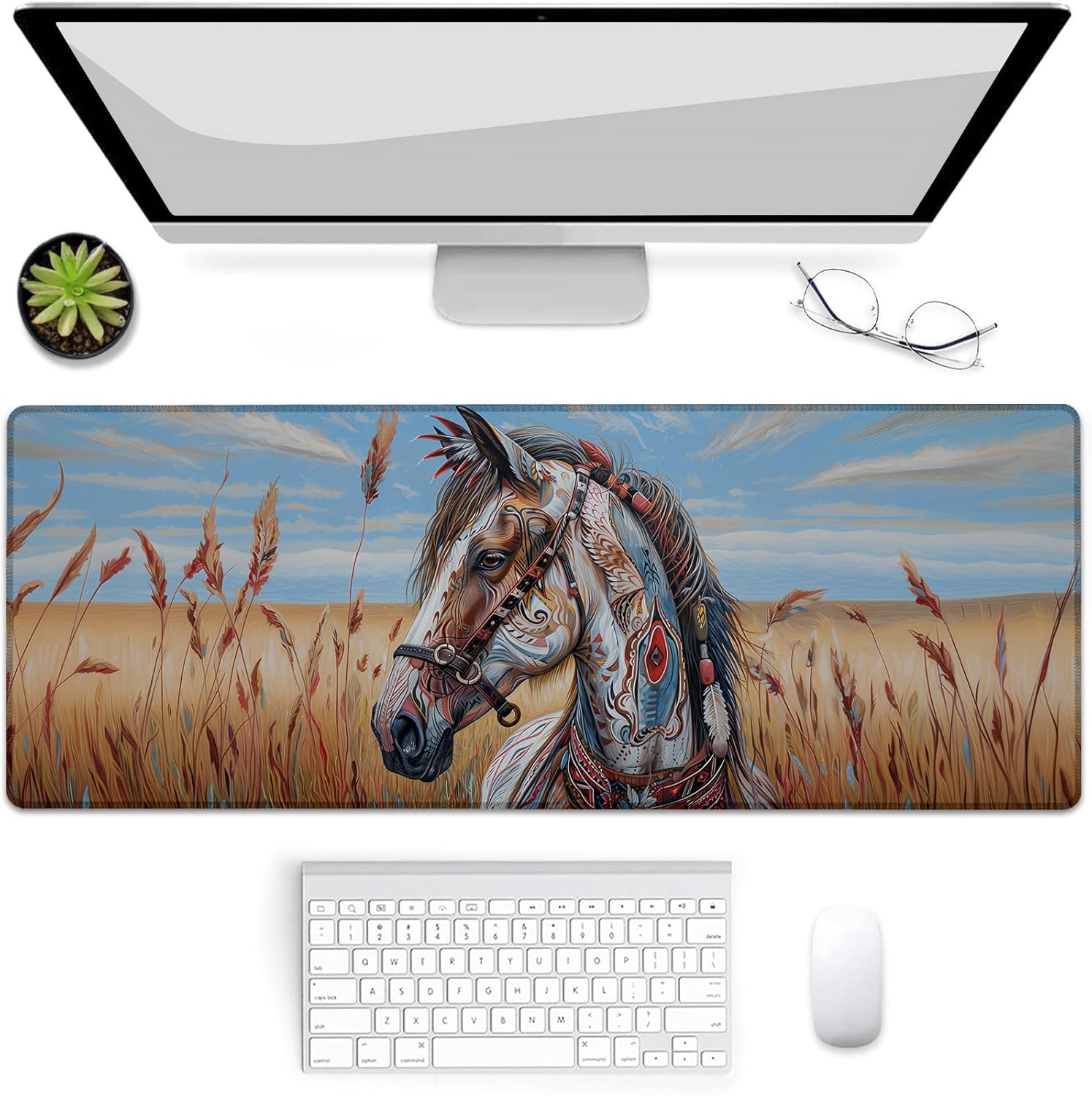 Western Native Horse Gaming Mouse Pad, Mouse Pad, Desk Mat, Non-Slip Rubber Base MousePads for Computers Laptop Office School Home Accessories Decor Gifts 31.5" x 11.8"