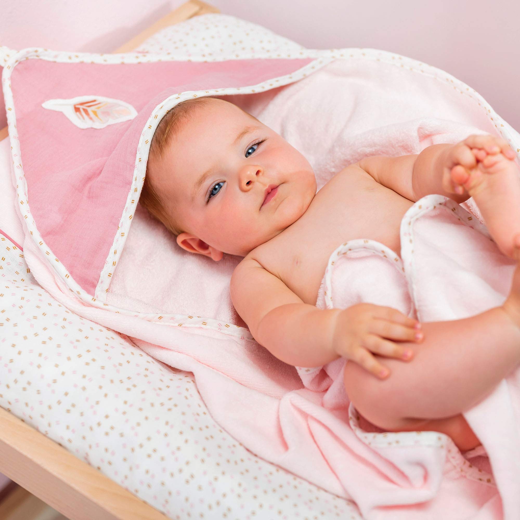 Nattou Serviette de Bain à Capuche et Gant de Toilette avec Motif Plume, 75 x 75 cm, Coton, Pauline et Sasha, Rose/Vieux Rose 244428