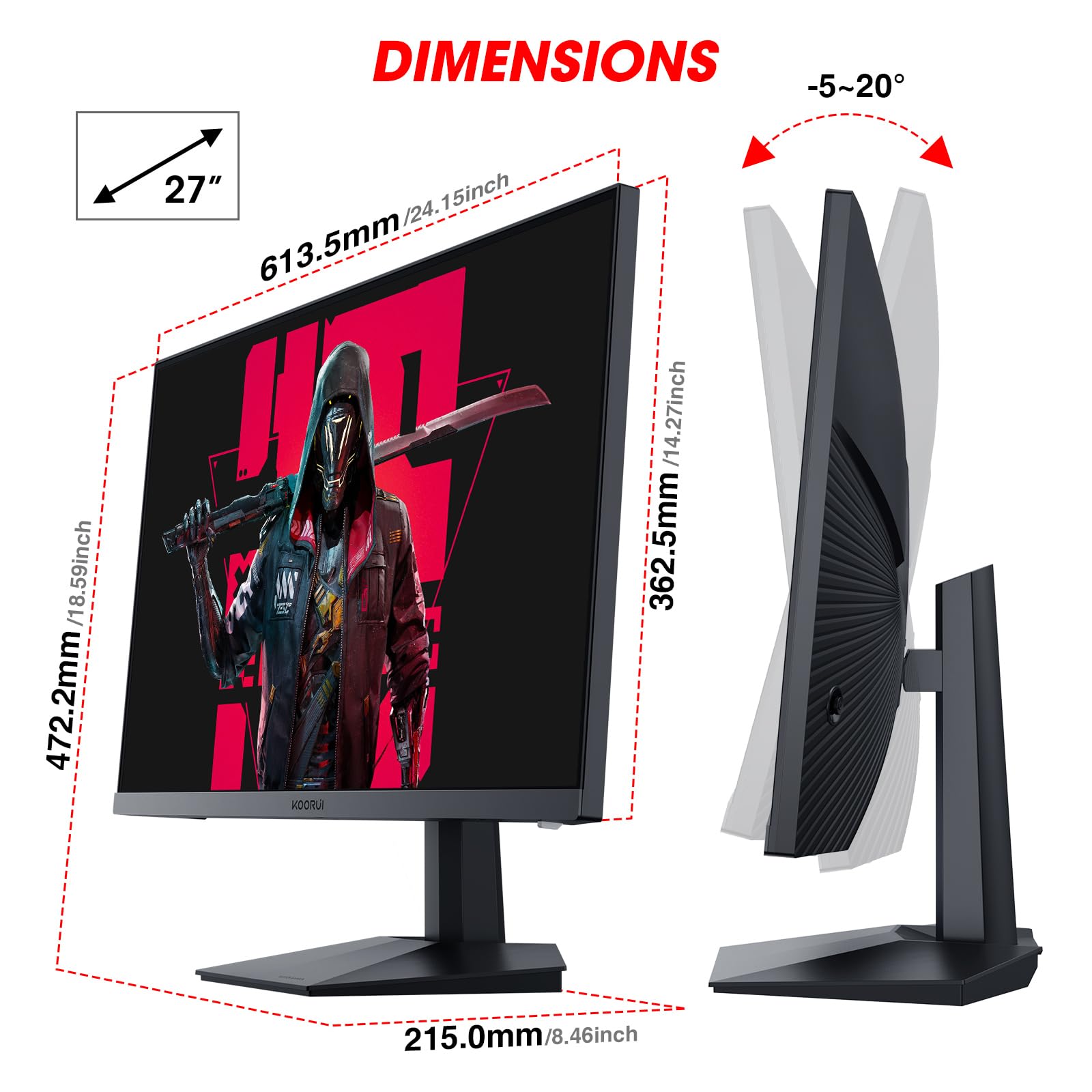 KOORUI Gaming Ercan PC 27 cali, monitor PC 165 Hz, FHD (1920×1080), IPS, 1ms GTG, Adaptive Sync, Kompatybilny z VESA 75 x 75 mm, 90% DCI-P3 (HDMI, DisplayPort) Czarny