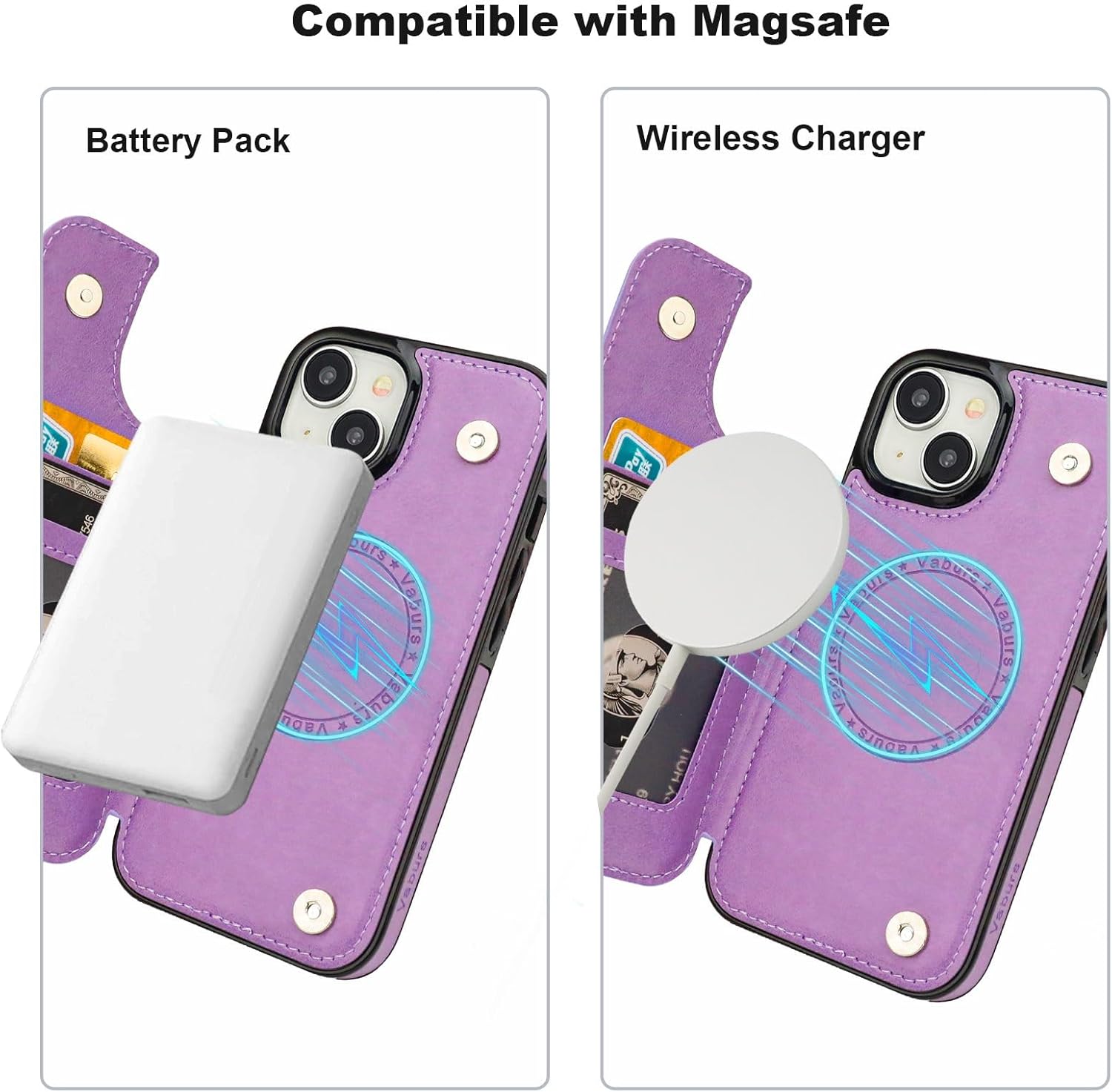 Vaburs for iPhone 15 Case Wallet Compatible with MagSafe Wireless Charging Card Holder, Embossed Butterfly Pattern PU Leather Double Buttons Flip Protective Shockproof Cover for 6.1 Inch(Purple)