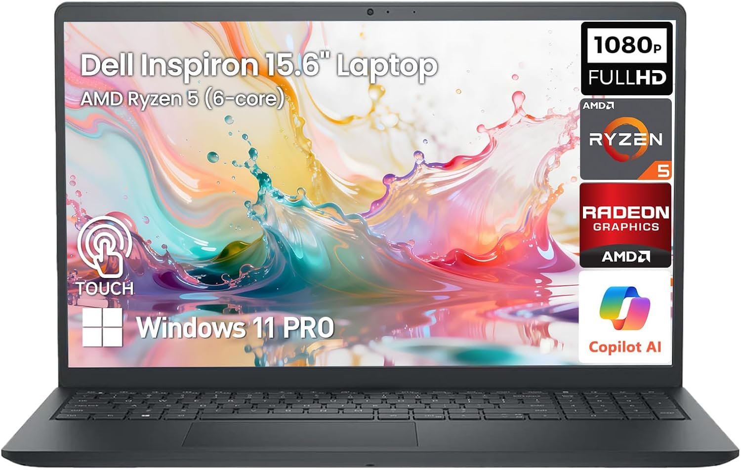 Dell Laptop 15 Inch Touchscreen Computer, 15.6" FHD IPS Touch Screen Laptop for Business & Student, AMD Ryzen 5 (>i7-1255U), 16GB RAM 512GB SSD, Windows 11 Pro, Copilot AI|10-Key|Wi-Fi|USB-C|HDMI