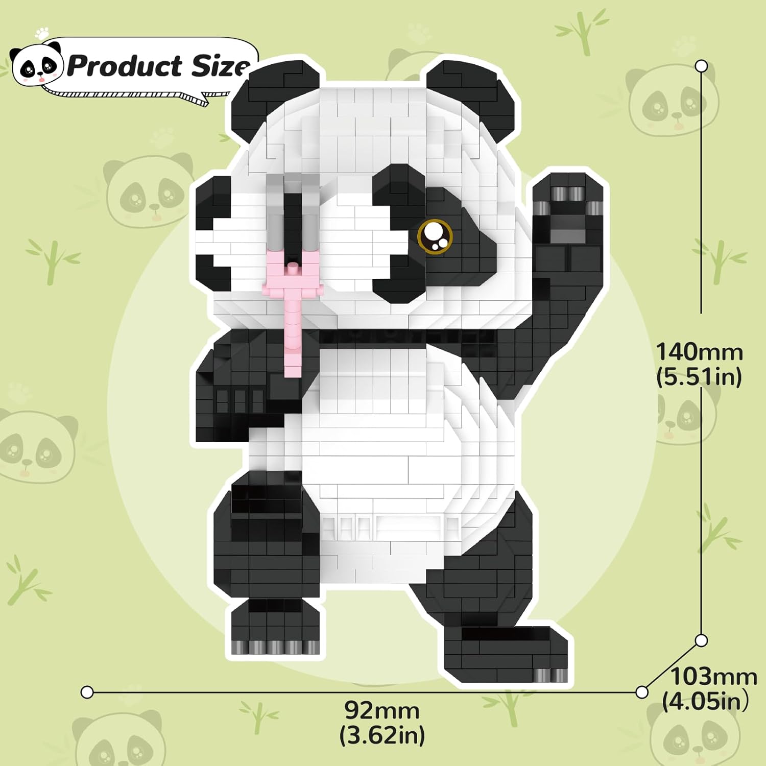 Diagram showing the dimensions of the assembled panda figure: 140mm (5.51in) height, 92mm (3.62in) width, 103mm (4.05in) depth