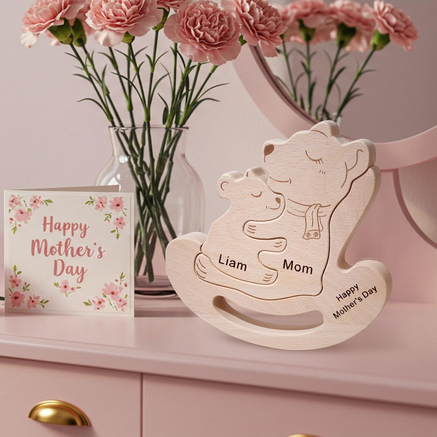 Personalized Wooden Rock Bear Puzzle, Custom Bear Jigsaw Puzzle with 2 Names, Customized Gifts for Mom Dad Grandparents, New Mom Home Decor