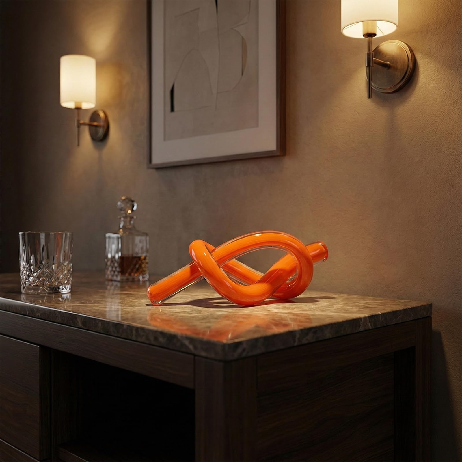 LCCCK Scultura astratta arancione con nodo in vetro soffiato a mano, decorazione per tavolino da caffè, mobile TV, mensola o accento del caminetto, arte moderna con nodo per soggiorno costiero da