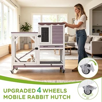 GUTINNEEN 2-Story Rabbit Hutch Indoor Bunny Cage Outdoor Guinea Pig House Wooden Small Animal Cage with Chew-Proof Ramp, Leak-Proof Tray, Lockable Wheels for 2-4 Rabbits, Guinea Pigs (Grey)