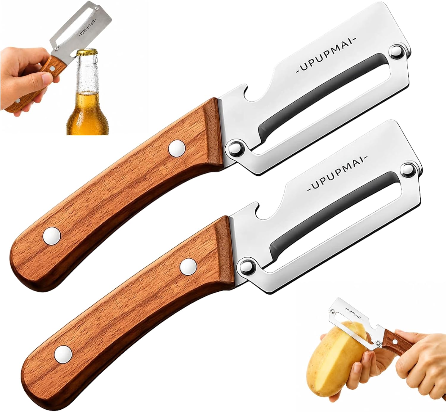 2 Pack 2-in-1 Multifunctional Vegetable Peeler with Wooden Handle, Stainless Steel Blade Potato Carrot Fruit Peeler with Bottle Opener Kitchen Gadget