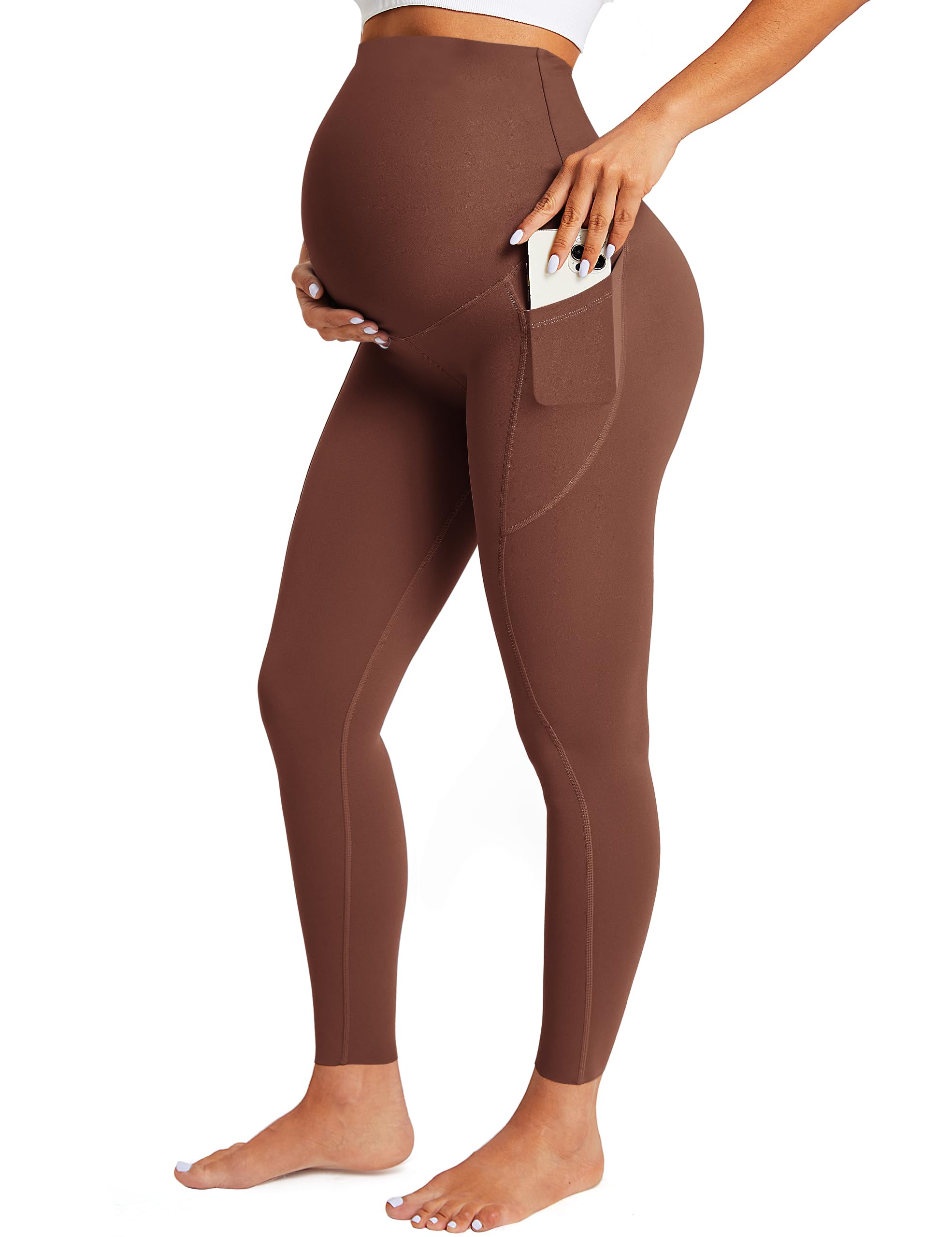 BAYDI Maternity Leggings Over Bump with Pockets Workout Belly Support Stretchy Soft Pregnancy Pants Activewear Pajama Coffee