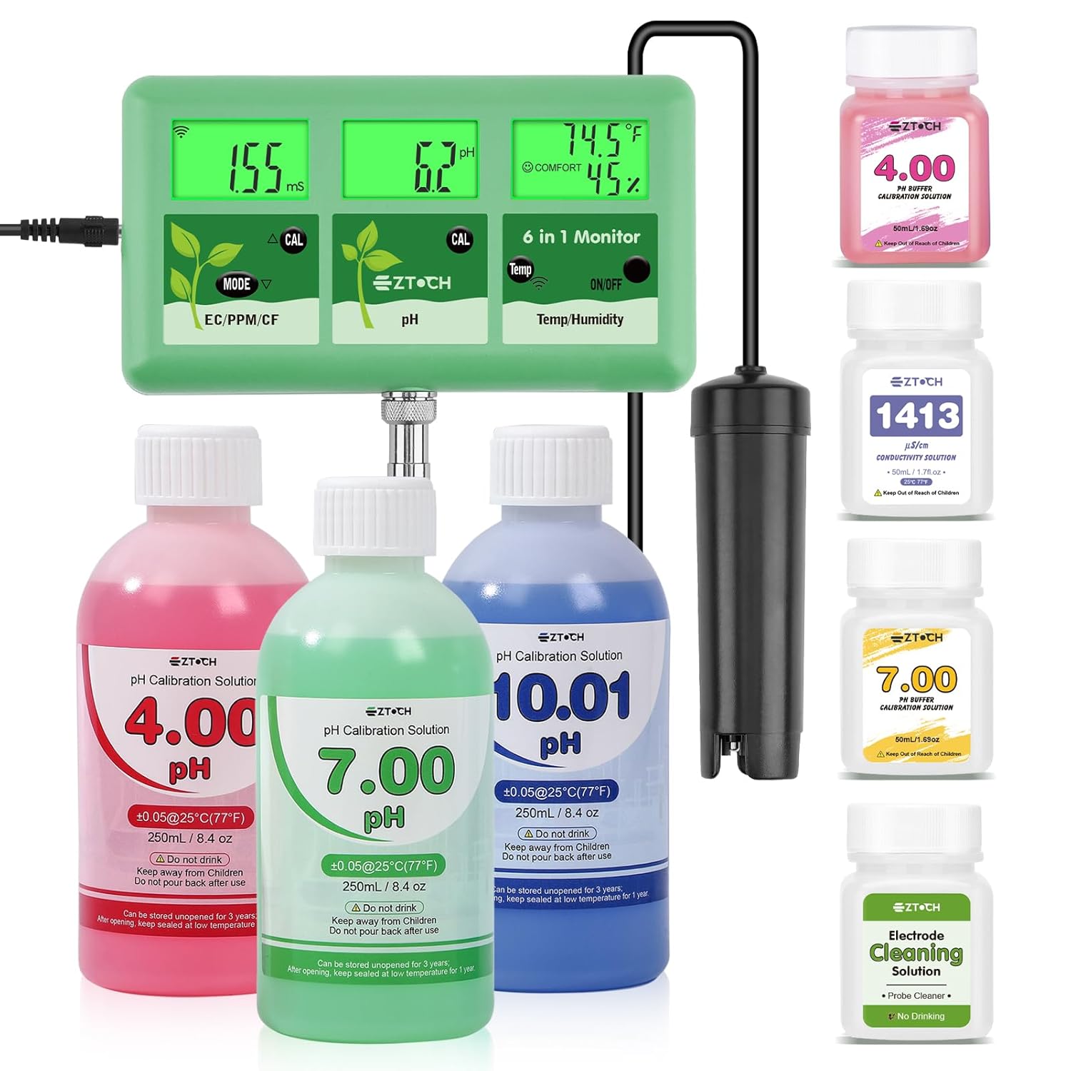 pH EC PPM Monitor for Water Hydroponic with pH Calibration Solution, 6 in 1 pH EC TDS Continuous Monitor with 250ml pH 4.0+7.0+10.0 Calibration and Probe Cleaning Solution for Water, Pool