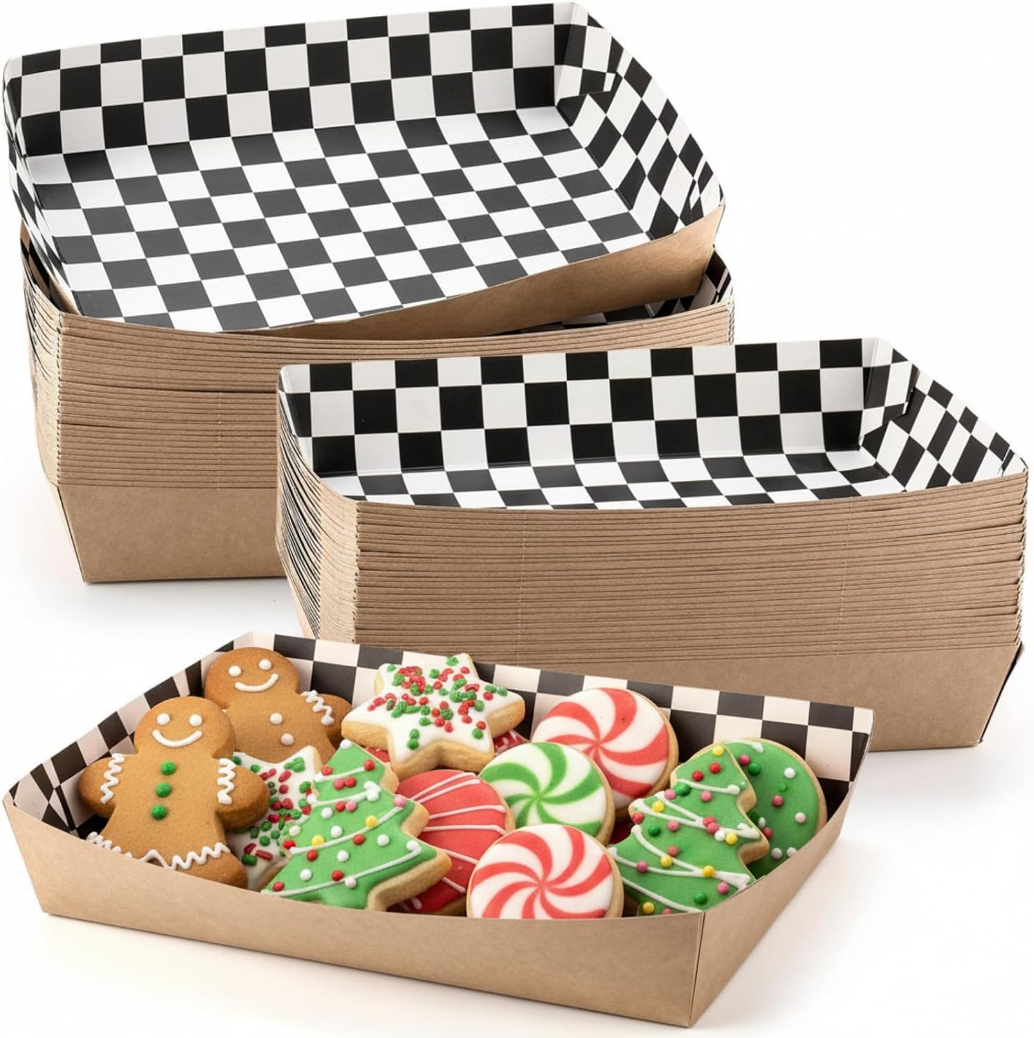 Disposable Red White Checkerboard Paper Food Trays 5 lb Heavy Duty Kraft Paper Food Serving Boats 10.2 x 7.1 x 2 Inch Nacho Taco Hot Dog Chips Snack Hamburger Holder for Party Restaurant (30 Pcs)