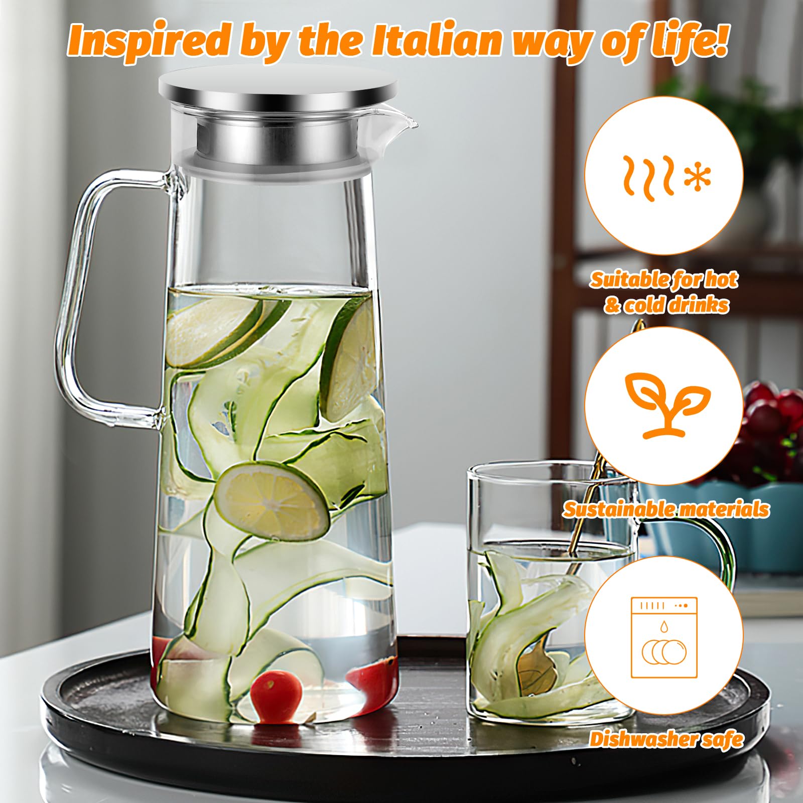 Carafe En Verre Borosilicate 1,5L Avec Couvercle Inox - Résistante à La Chaleur - Pour Thé, Jus, Eau - Noir