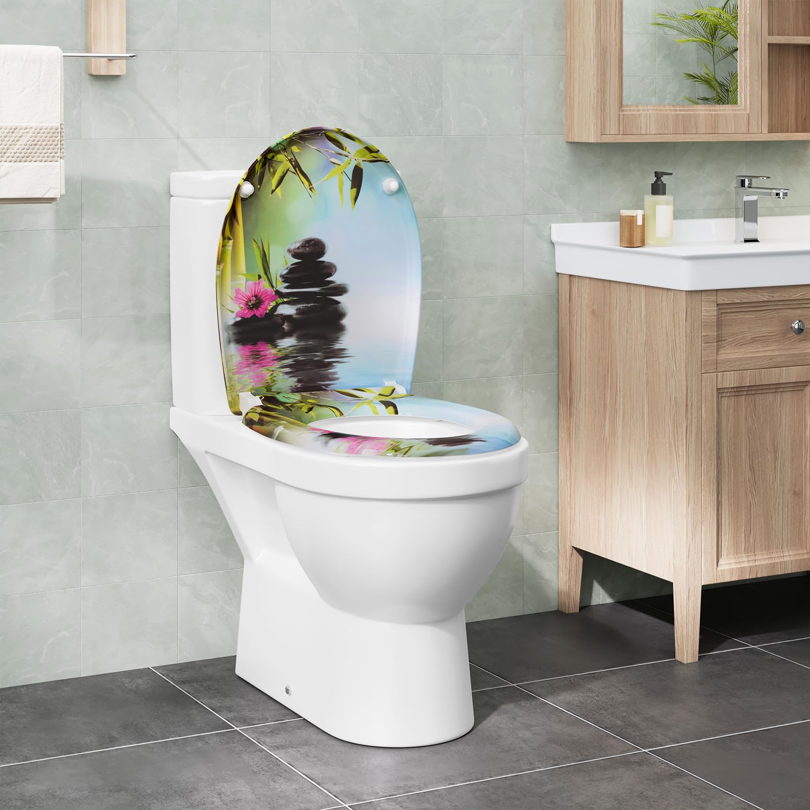 eSituro Abattant de Toilette, Siège WC en Forme de O à Fermeture Douce, Montage par le Haut, Déverrouillage Rapide, Charnières Réglables à 360°, en Duroplast, Pierres et fleurs