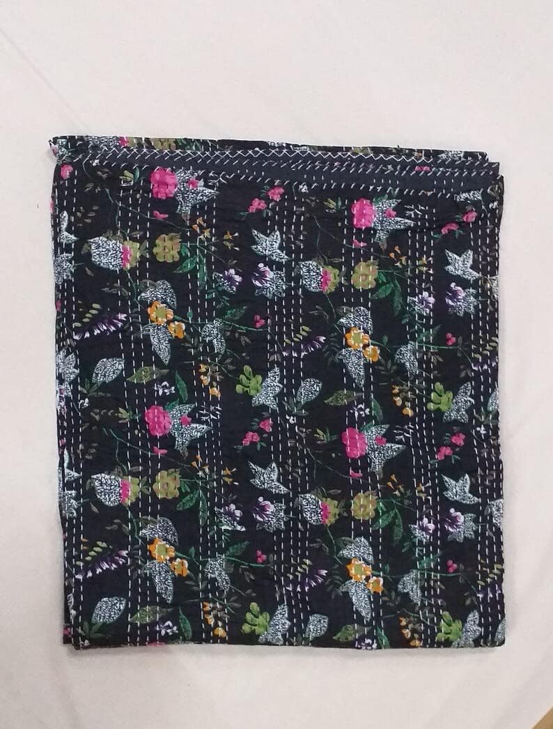 Kantha Quilt Handmade Black Floral Print Bedspread Throw Blanket Quilt Indian Bedding Quilt, Throw Blanket (60 X 90 Inches)