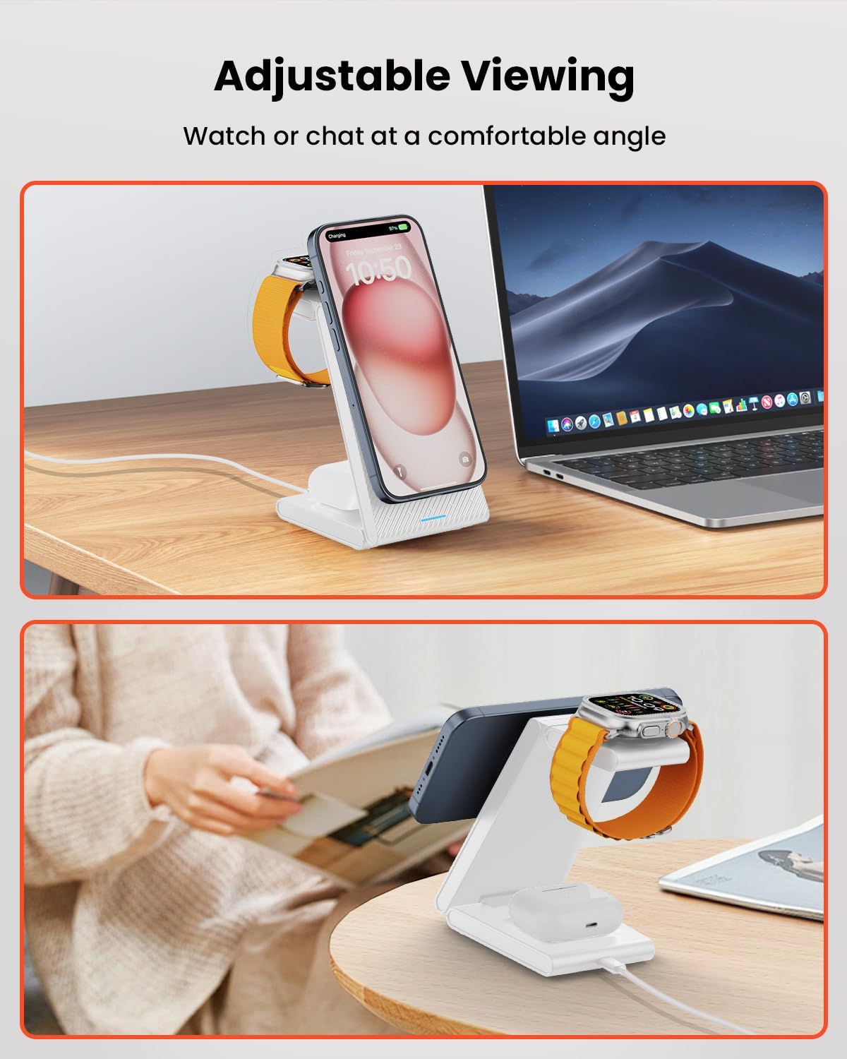 GEEKERA Magnetic 3 in 1 Foldable Charger Stand Dock for Apple Watch Ultra/SE/9/8/7/6/5/4/3/2, iPhone 16/15/14/13/12 Pro Max Plus Mini, for AirPods Pro/3/2