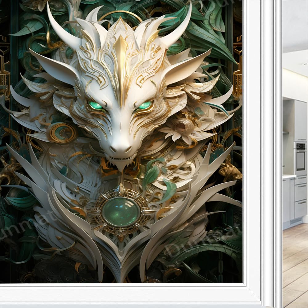 Cool Dragon Window Privacy Film Vintage White Animal Turquoise Eyes Stained Glass Window Coverings Static Cling Window Film for Home Office Stores 80 x 140 cm