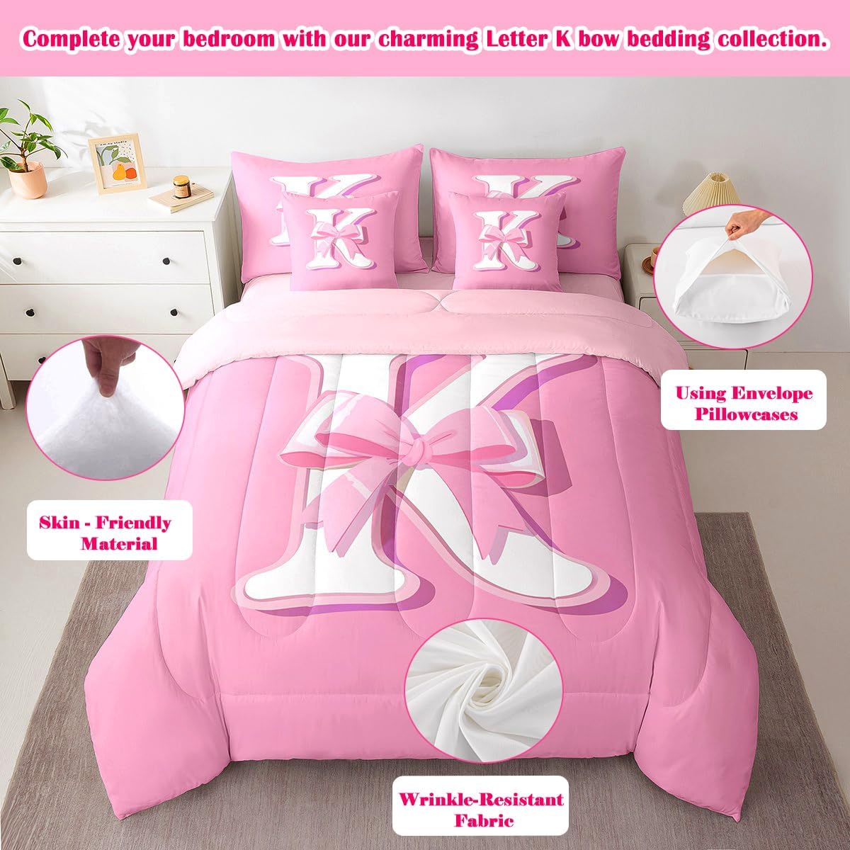 jejeloiu Pink Bowknot Bed Set, Queen Size, Decor Gifts for Women Teen Girl Ultra Soft Initial Letter K 7 Pieces Beeding Set, Girly Romantic Bed in a Bag with Comforter, Sheets, Pillowcases