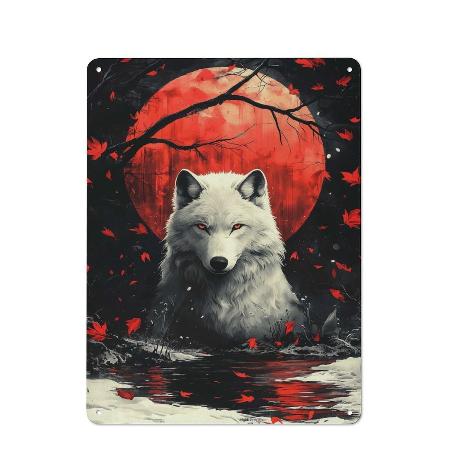 Junmoney White Wolf Red Moon Retro Metal Sign 40X30cm For Garage Wall, For Home Interiors And Metal Sign Collectors