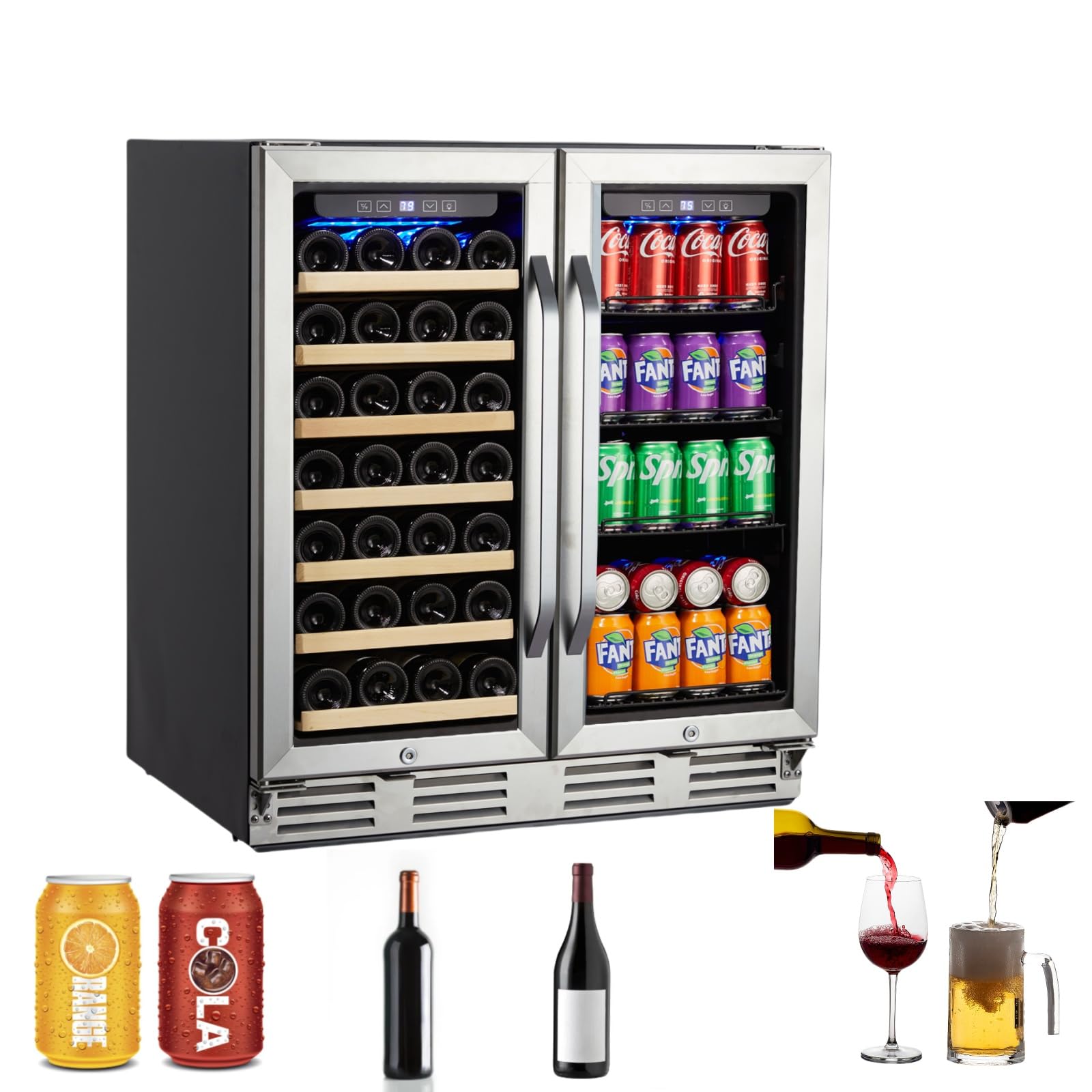 Wine and Beverage Refrigerator with Smart Temperature Control, Large Capacity Wine Cooler 33 Bottles and 100 Cans, Built-In or Freestanding, LED Light, Compressor Cooling for Wine, Champagne, Drinks on Fridge.com
