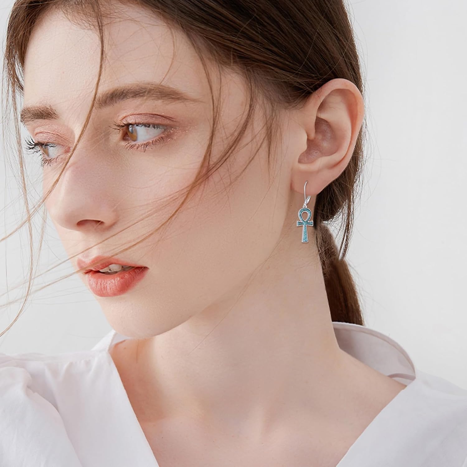 Turquoise Ankh Dangle Earrings Sterling SIlver Egyptian Jewelry Gift for Women