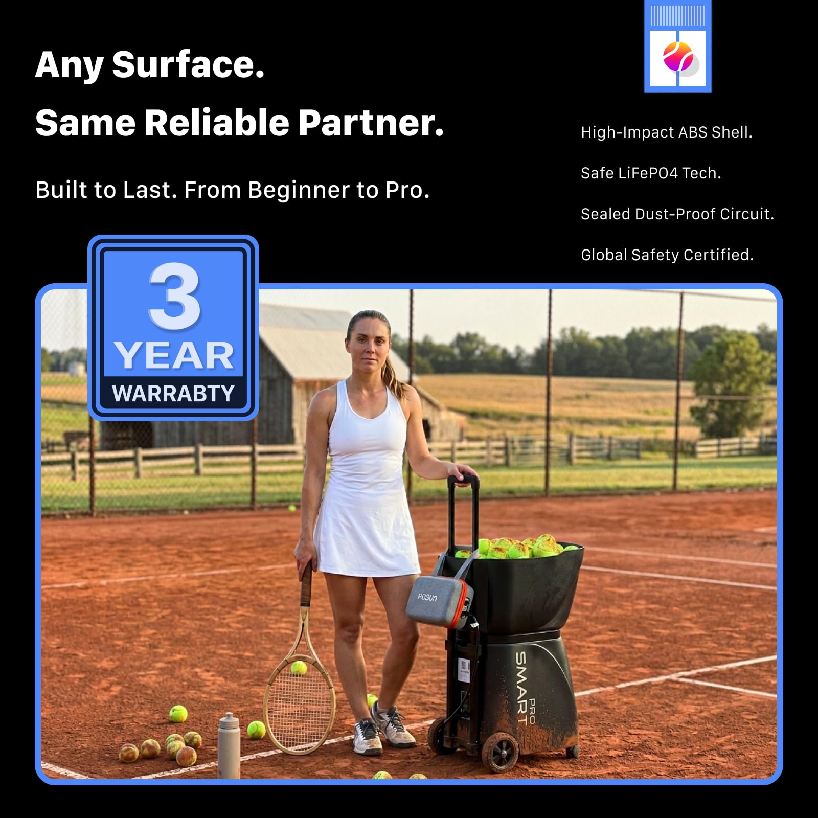 PUSUN PT-Smart Pro Internes Oszillations-Tennisball-Maschine: App-Steuerung, 12 Trainingsmodi, 75 MPH, 5H Akku, tragbar für Tennis & Padel für Anfänger bis Profis