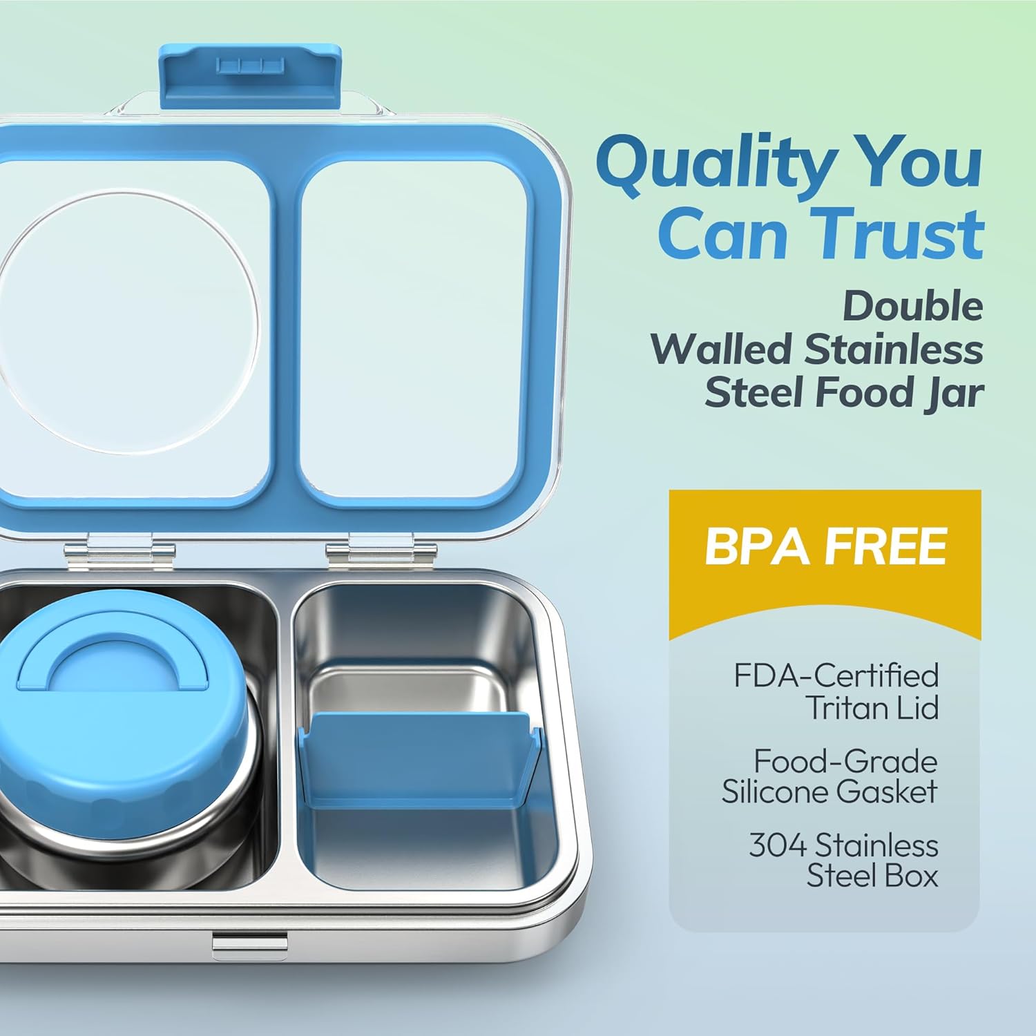 HOMEKOL Stainless Steel Bento Lunch Box with 9.5oz Insulated Food Jar, 2-Compartment Leak-Proof Container for Kids & Adults, BPA/BPS-Free 304 Metal Food Box, Dishwasher Safe, Clear Tritan Lid, Blue