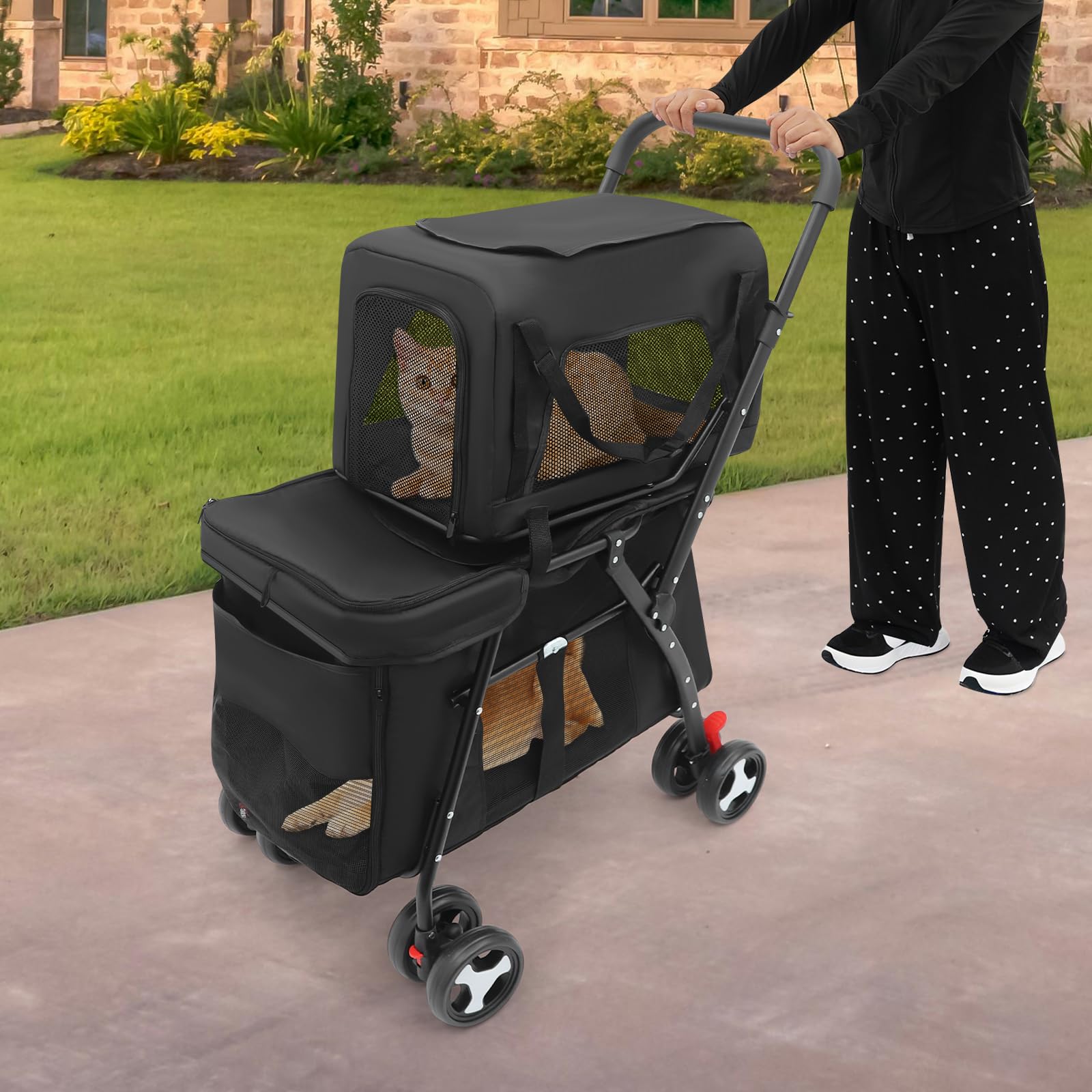 Schwarz Doppelter Haustierstroller, 2 Etagen Faltbarer Haustierwagen, Faltbarer Haustiere Buggy mit abnehmbarer Transportbox, für Katzen und Hunde