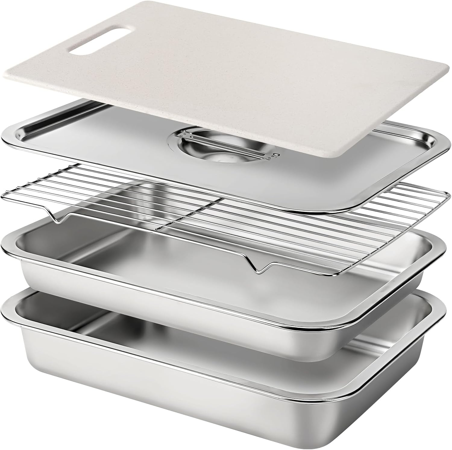 Stainless Steel BBQ Grilling Prep and Serve Tray Set, Food Preparation Container with Lid, Cutting Board, Wire Rack and Marinade Pan for Outdoor Cooking,Grill Gifts for Grill Lovers