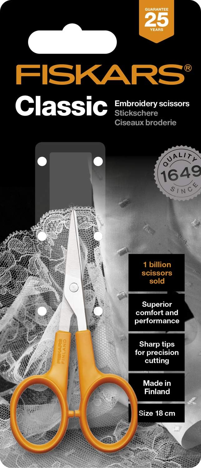 Fiskars Embroidery Scissors, Length: 10 cm, For Right- and Left-handed Users, Stainless Steel Blade/Plastic Handles, Orange, Classic, 1005143