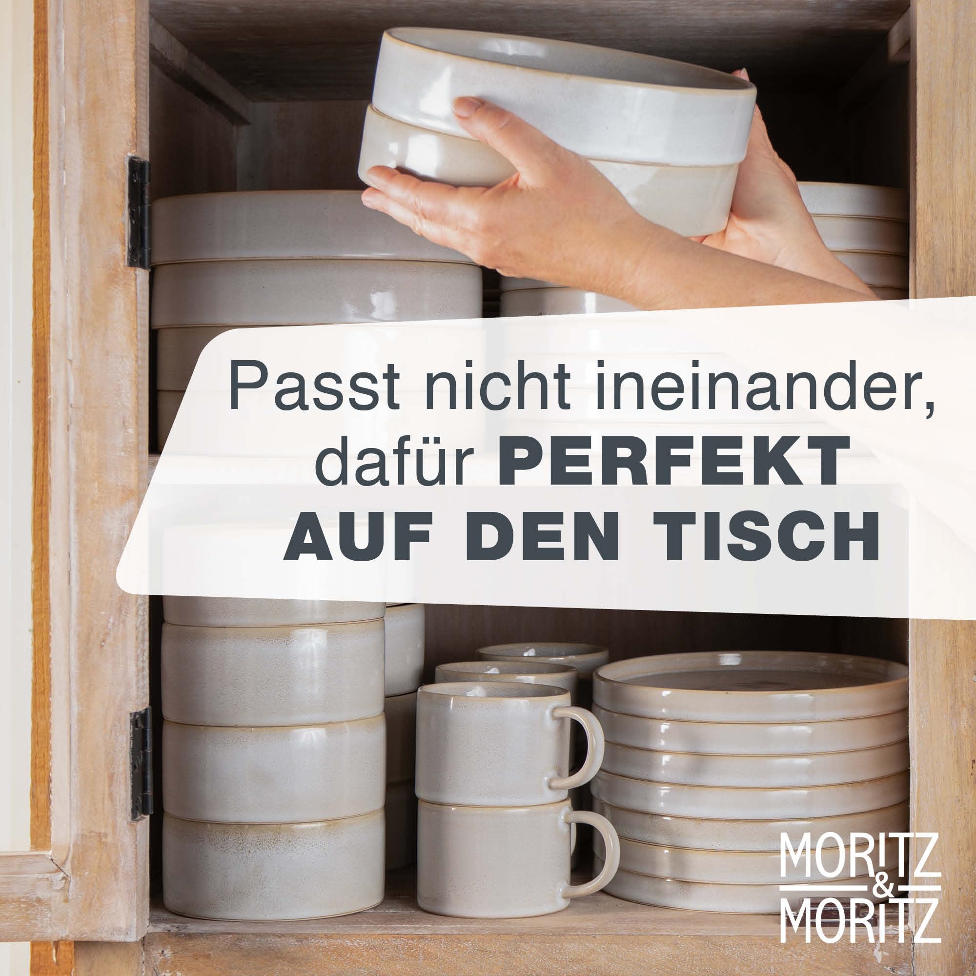 Moritz & Moritz CASTELLO 40-teiliges Geschirrset 8 Personen Beige - Teller Set aus Steinzeug - Geschirr Set Beige aus je 8 Dinnerteller, Dessertteller, Suppenteller, Schüsseln und Tassen