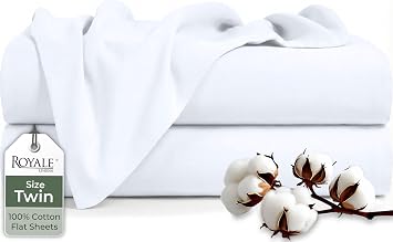 Royale Linens 100% Organic Cotton Twin 2 Pack Flat Sheet Only - Super Soft - Percale Top Sheets - Twin Flat Sheet Sold Separately - Breathable, Cool & Crisp White Sheets Only 66" x 96", White