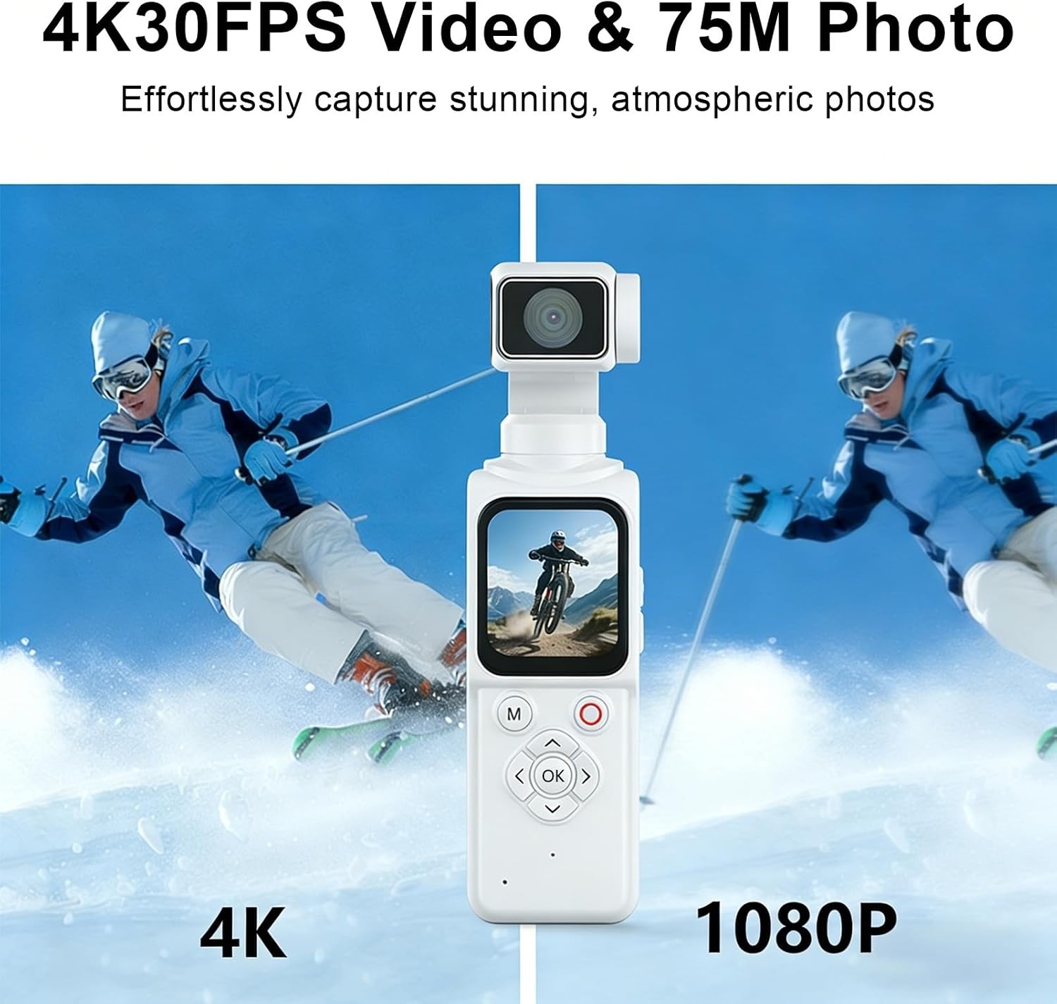 4K Handheld Pocket Camera with Face Tracking Rotating Lens, Vlogging Camera