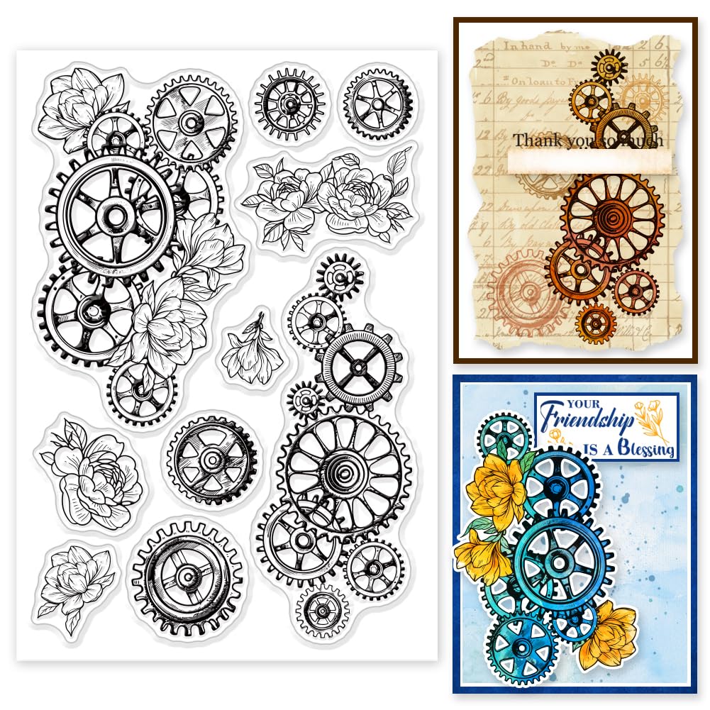 GLOBLELAND Flowers and Gears Clear Stamps for Cards Making Mechanical Style Clear Stamp Seals Transparent Stamps for DIY Scrapbooking Photo Album Journal Home Decoration