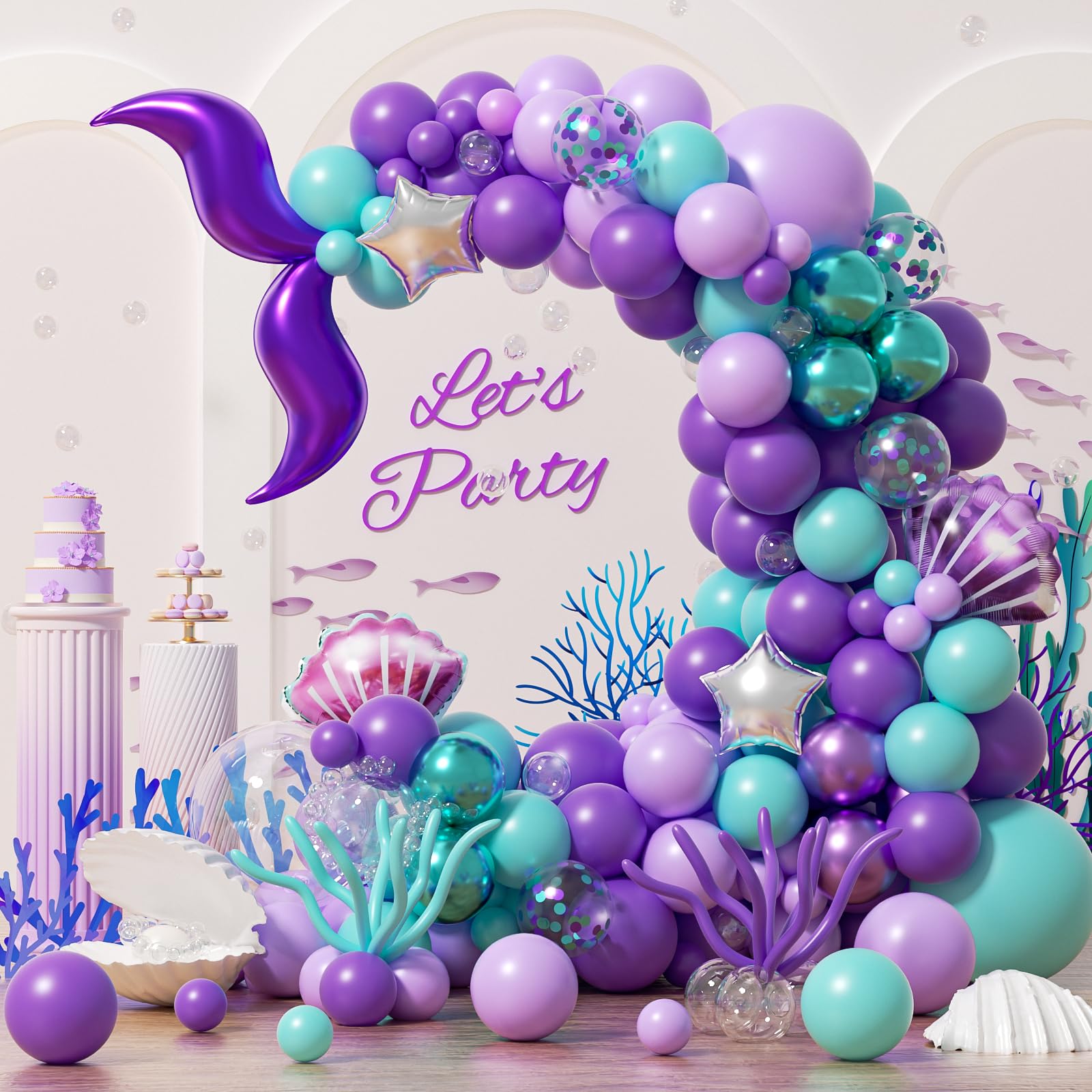 138Pcs Lake Blue Mermaid Balloon Arch with Shell and Tail Balloons for Little Mermaid Birthday Under the Sea Party Baby Shower Decorations