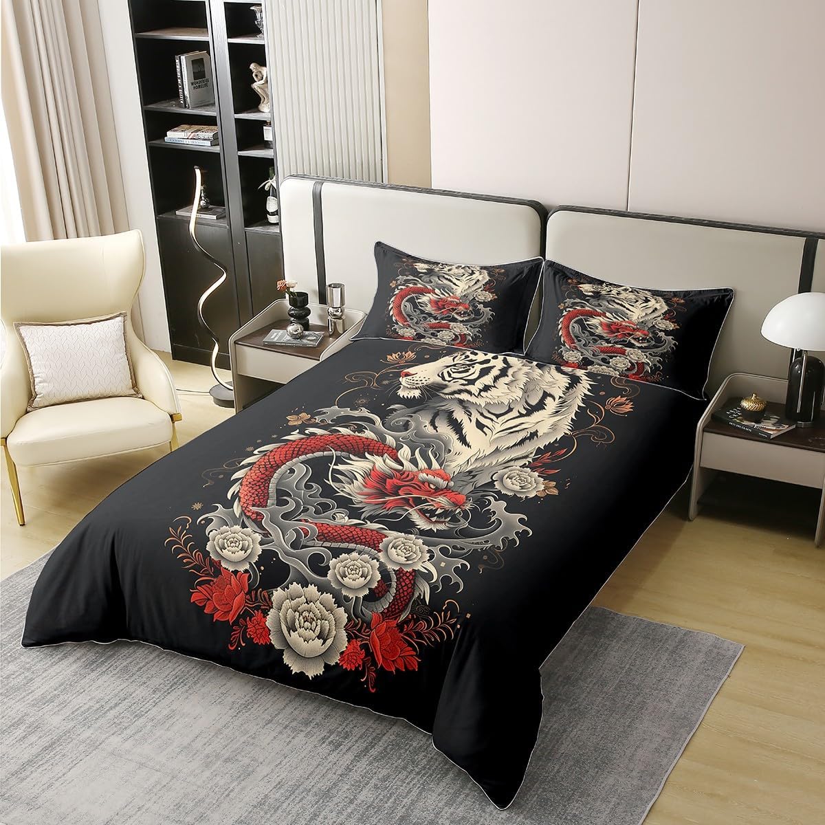 2 Pieces Retro Farmhouse Style Duvet Cover 100% Nature Cotton Twin,Traditional Tiger Dragon Exotic Animals Comforter Cover,Watercolor Flowers Loeaves Chinese Style Bedding (Not Comforter)