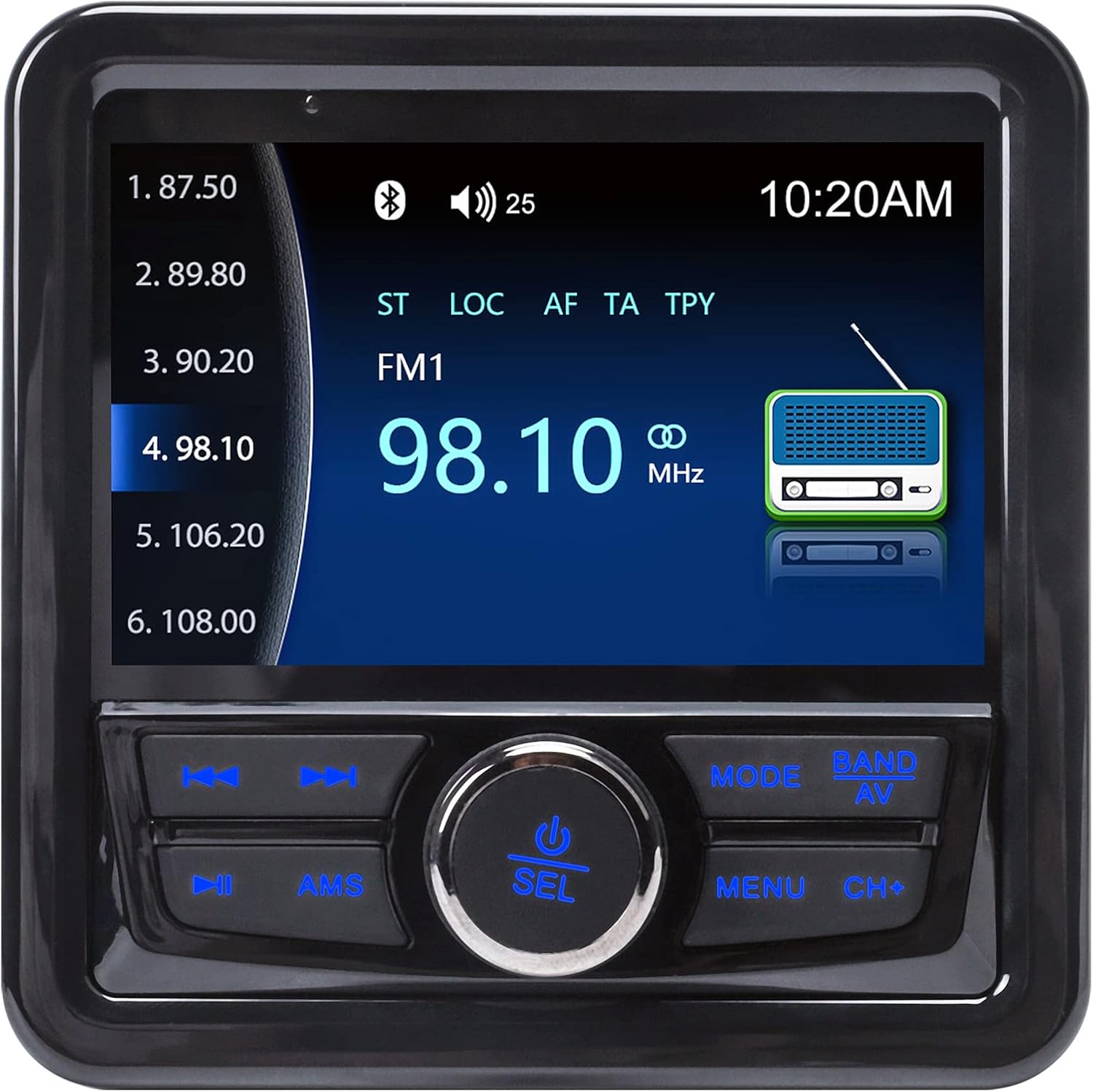 Audio Systems Marine Gauge Receiver – Weatherproof, 4-inch Display Screen, Built-in Amplifier, Bluetooth, Digital Media MP3 Player, No CD Player, USB Port,