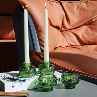 Woho 4 Pack Green Taper Candle Holders for Candlesticks/Tea Lights, Polka Dot Embossed Candlestick Holders for Wedding Table Decor, Reversible Glass Candle Sticks Holder Decor for Christmas Party