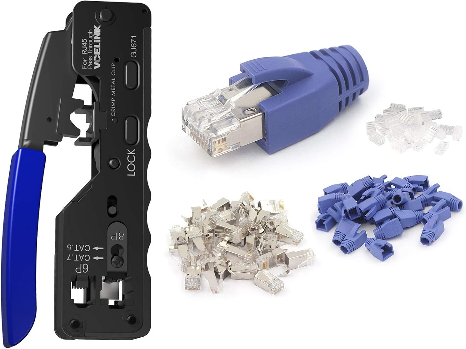 VCELINK Ethernet RJ45 Pass Through Crimping Tool Bundle with 30-Pack Nickel Plated Shielded Cat6A/Cat7 RJ45 Modular Plug with Strain Relief Boots