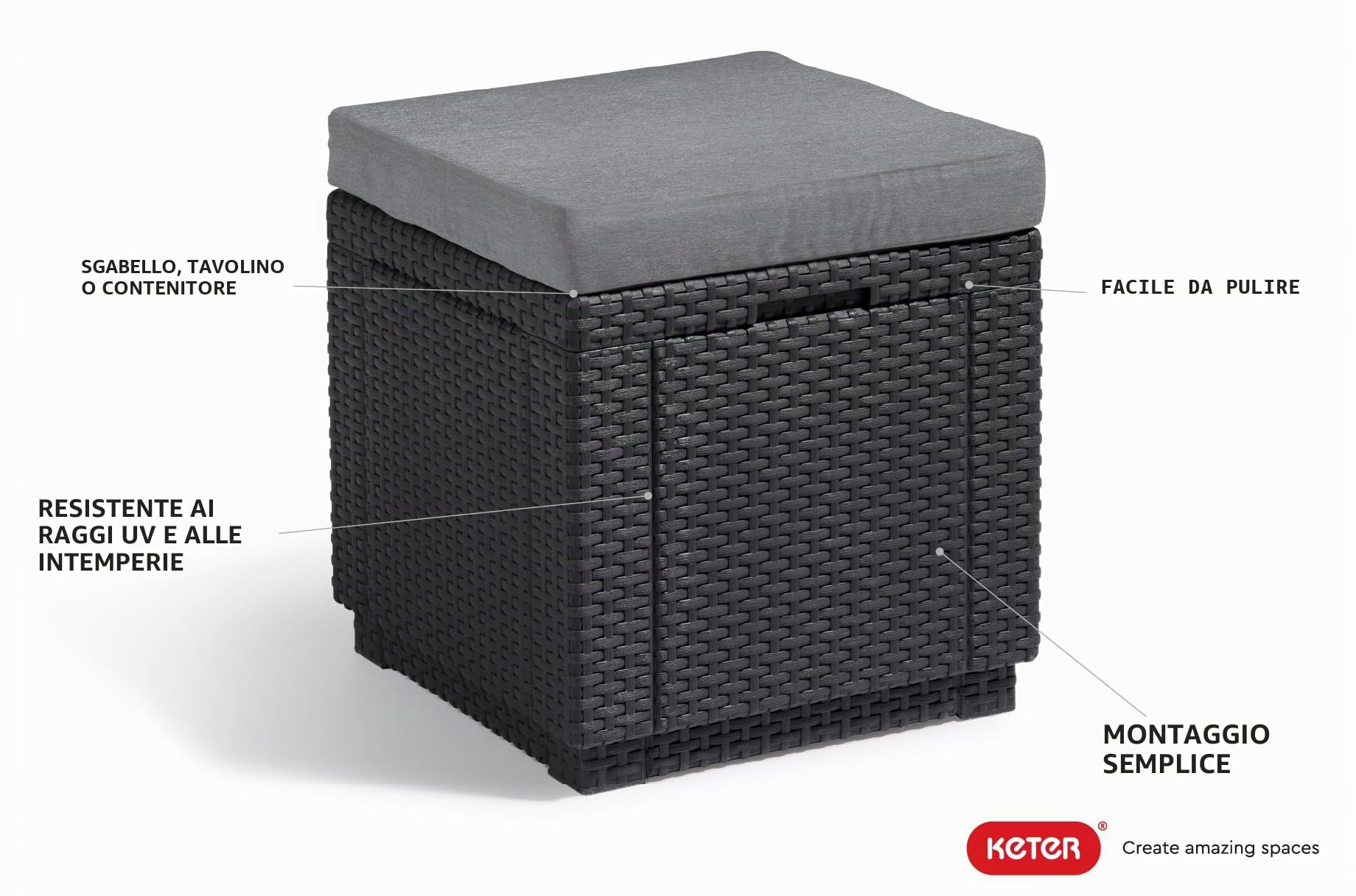 Allibert by Keter Cube - Sgabello con vano portaoggetti, con Coperchio Rimovibile, Effetto Rattan Piatto, Resistente alle intemperie, 42 x 42 x 39 cm, Colore: Grigio