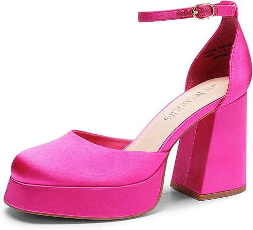 DREAM PAIRS Zapatos de tacón alto con plataforma gruesa para mujer, puntera cerrada, correa en el tobillo, para boda, fiesta, zapatos de tacón
