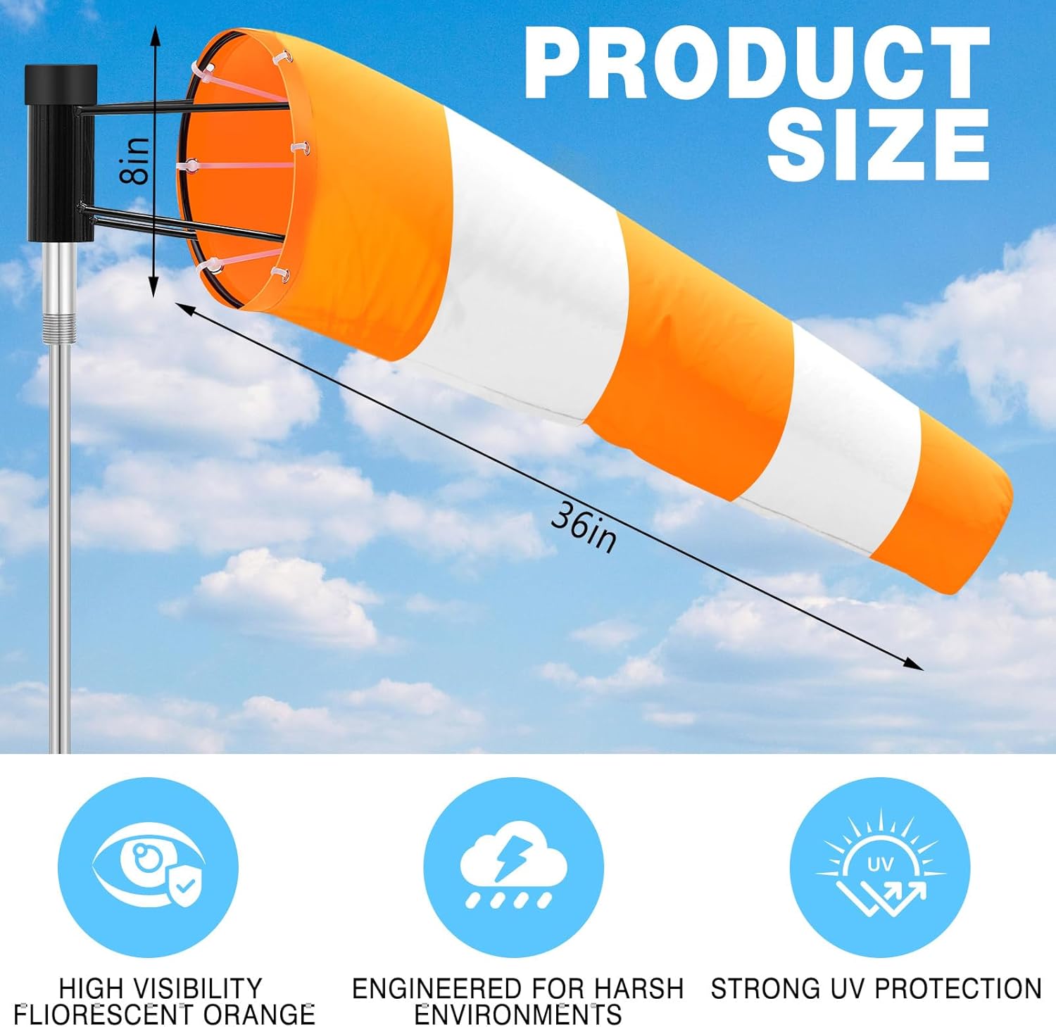 1 Set 8" X 36" Airport Windsock Heavy Duty and 8" Ball Bearing Frame, Waterproof, UV Fade Resistant, Wind Socks for Outside, Airport, Industrial, No Pole Included(Orange and White)
