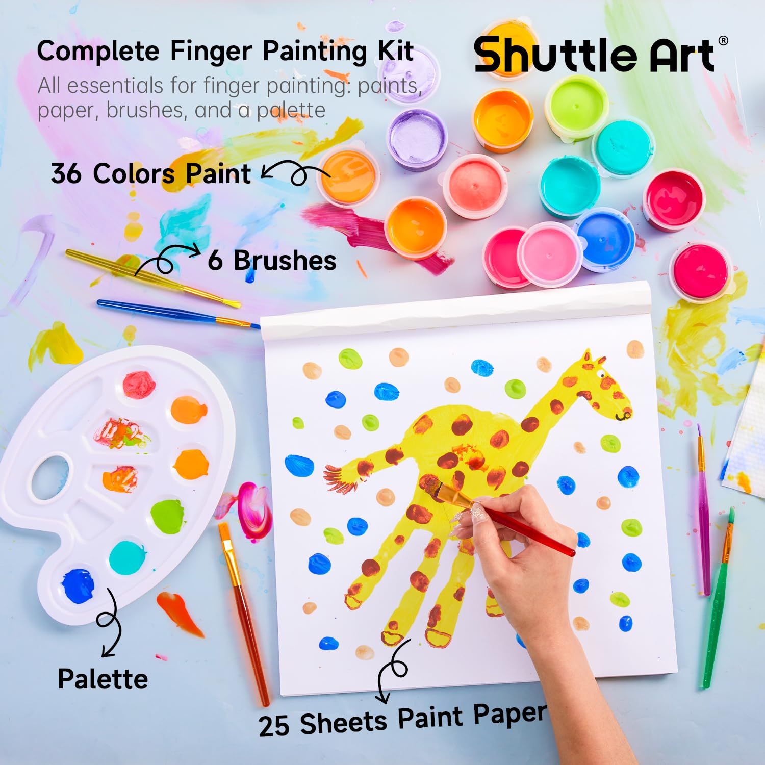 Shuttle Art Peinture au Doigt Enfant Lavable, 44PCS Kit Peinture Enfant 36 Couleurs(30ml) Peinture à Doigt pour Enfants Bas Âge, Pinceaux, Bloc, Palette, Peinture Bébé Non Toxique pour Jouets Dessin