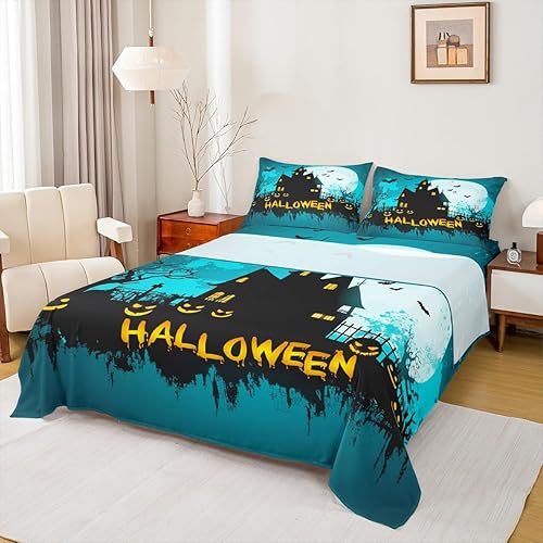 Erosebridal Juego de sábanas de Halloween, tamaño King, diseño de farol de calabaza de castillo, sábana bajera ajustable y sábana encimera para