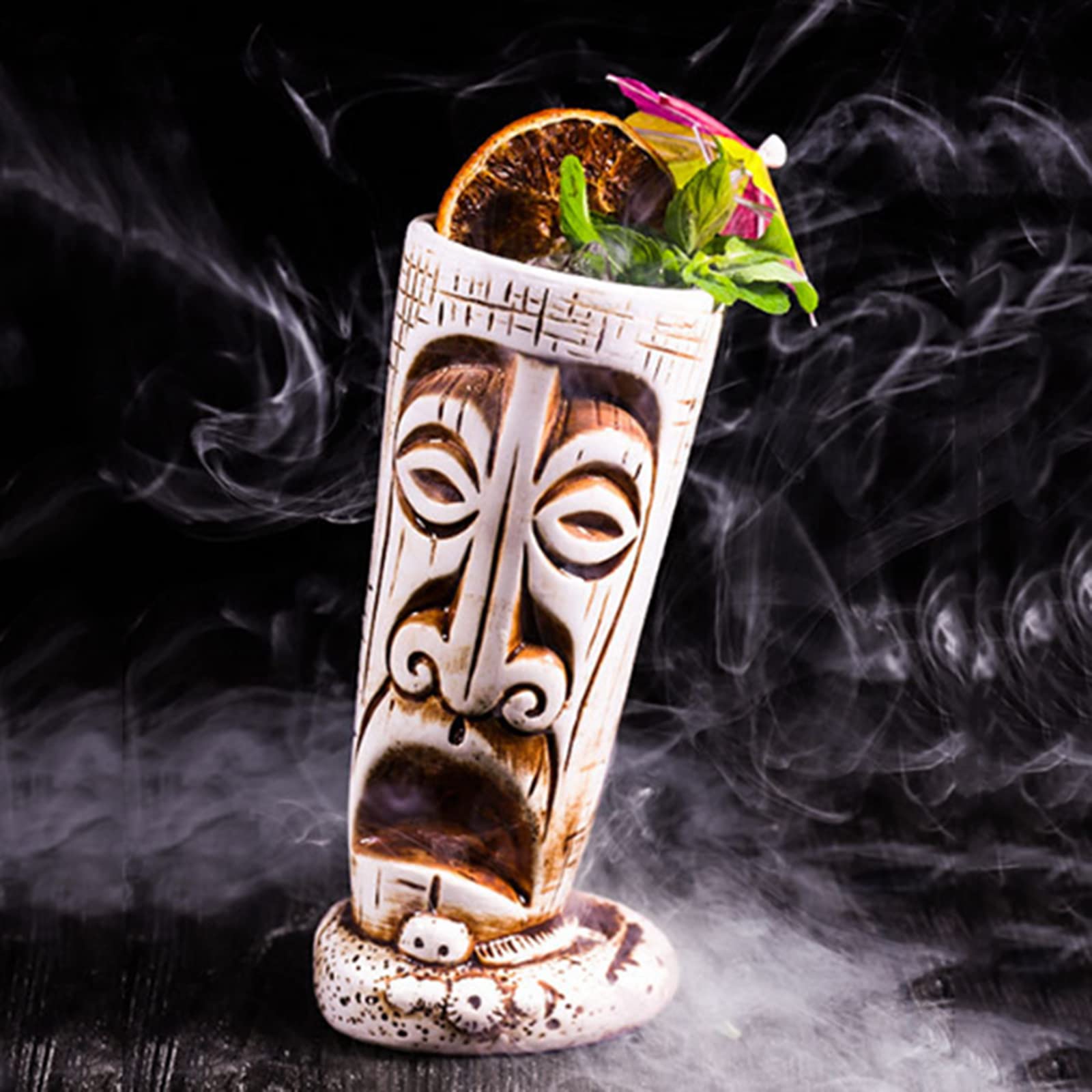 tiki Cocktails Tiki Mugs Ensemble de 4 Tasses à Cocktail en Céramique Verres à Cocktail Exotiques Tiki Bar Professionnel Hawaiian Party Barware tiki mug reutilisable,Beige