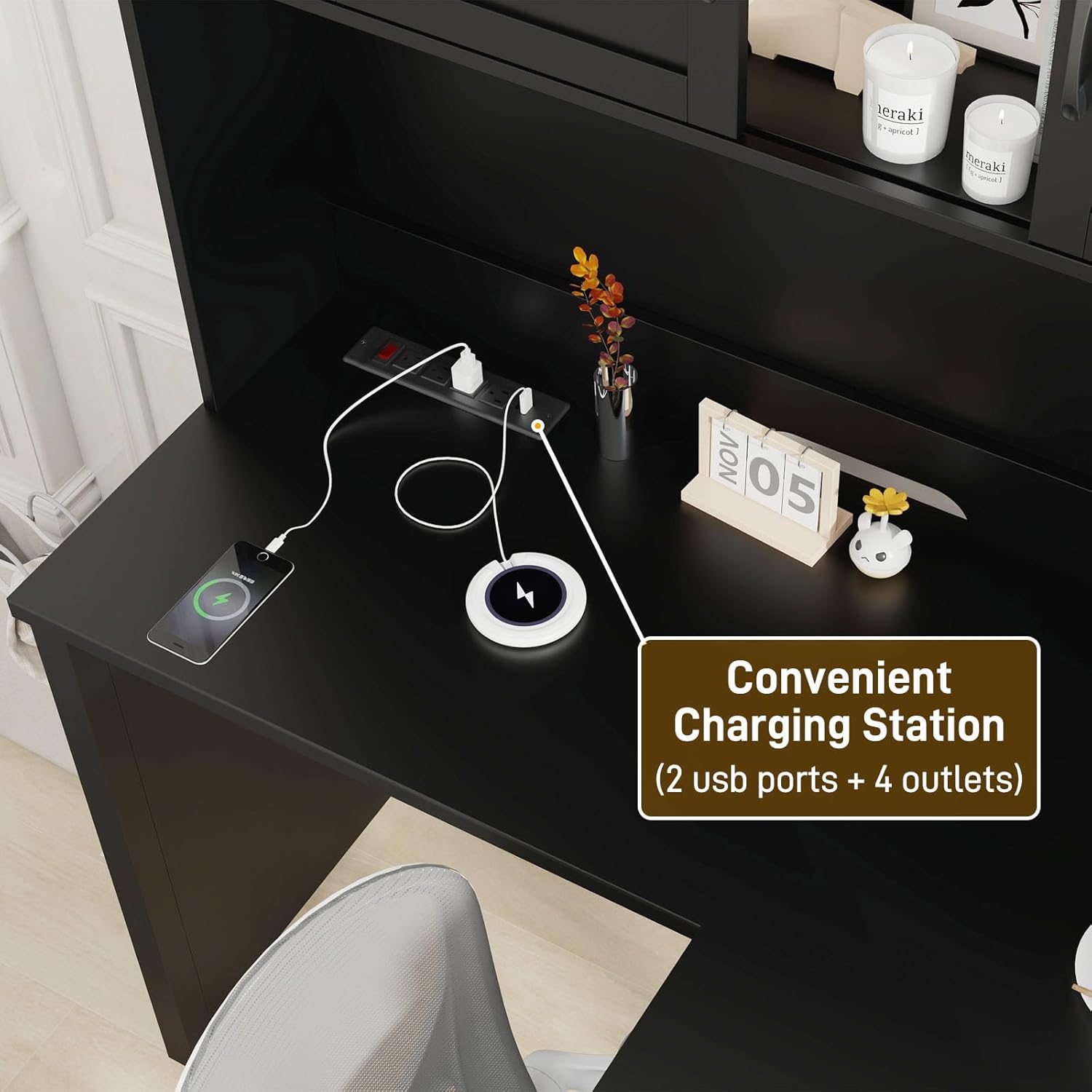 Vabches Farmhouse 68" H L Shaped Desk with Hutch,Office Table with 3 Drawers and Sliding Doors, Executive Desk with File Drawers and Charging Station, Wood Workstation for Home Office and Study