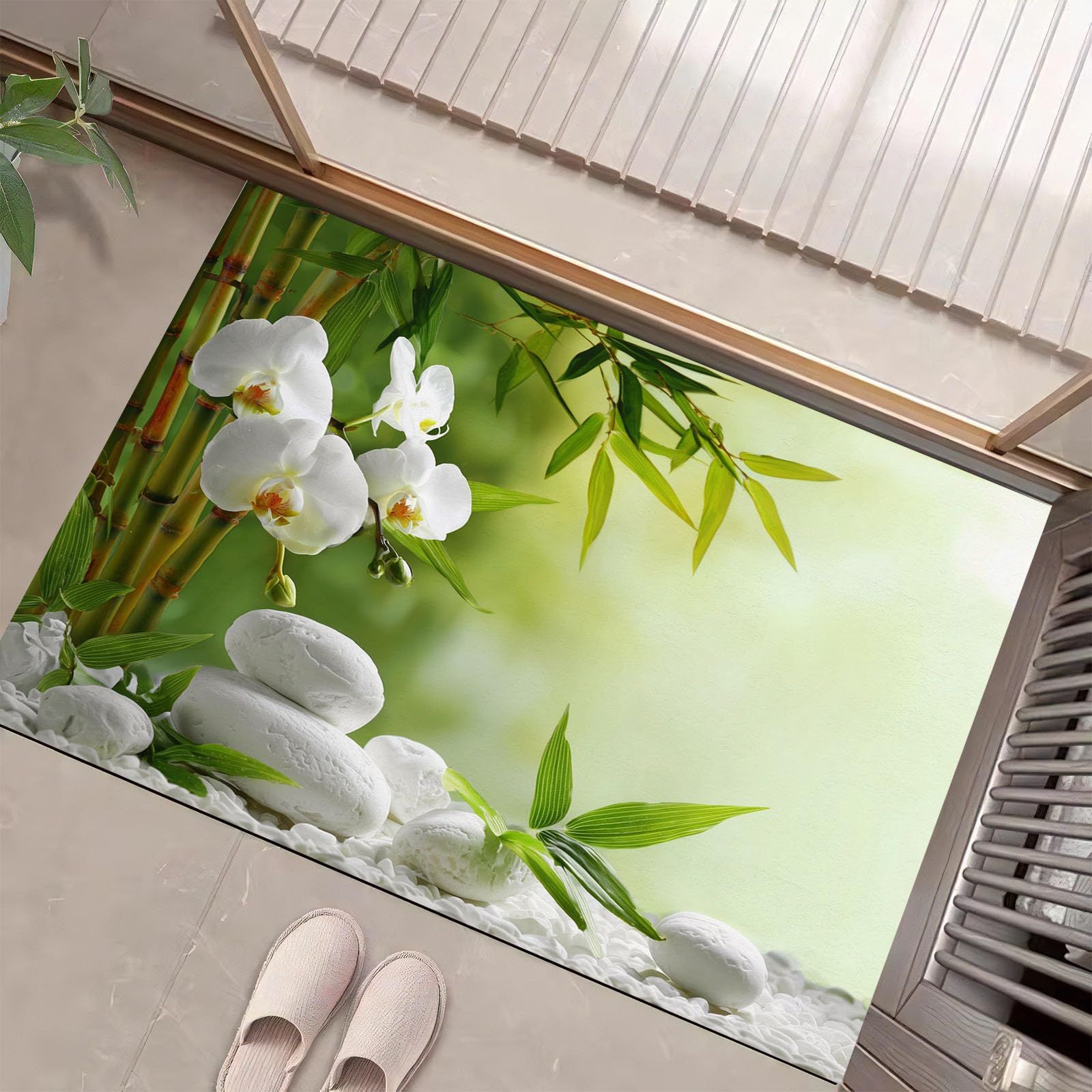 Tapis de sol antidérapant lavable en fausse laine bambou et orchidées