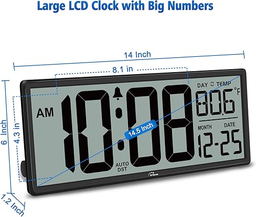 Miniatura 6 de WallarGe Reloj de pared digital grande funciona con pilas pantalla grande con temperatura fecha AUTO DST de 147 pulgadas